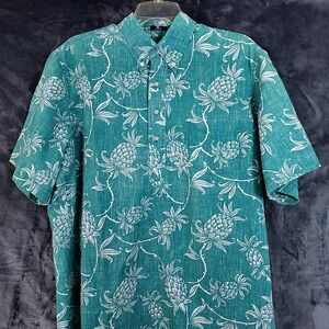 Reyn Spooner Hawaiian Shirt Mens Medium Aqua Reverse Print Popover Pineapples